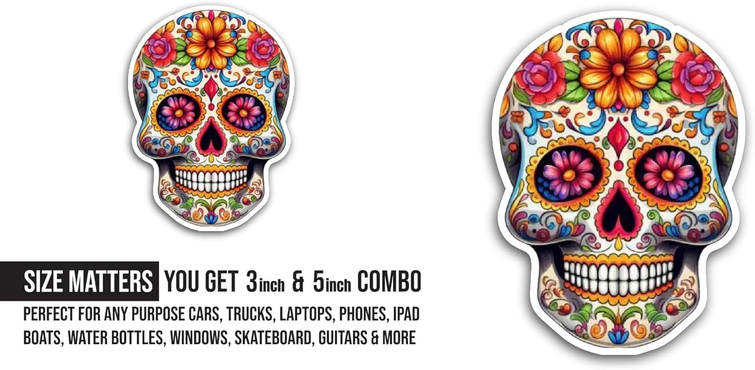 2 (Pieces) 3" and 5" Sugar Skull with Flowers Sticker, Waterproof Vinyl Decals for Many Purpose Like Cars, Trucks, Laptops, Phones, Windows and More