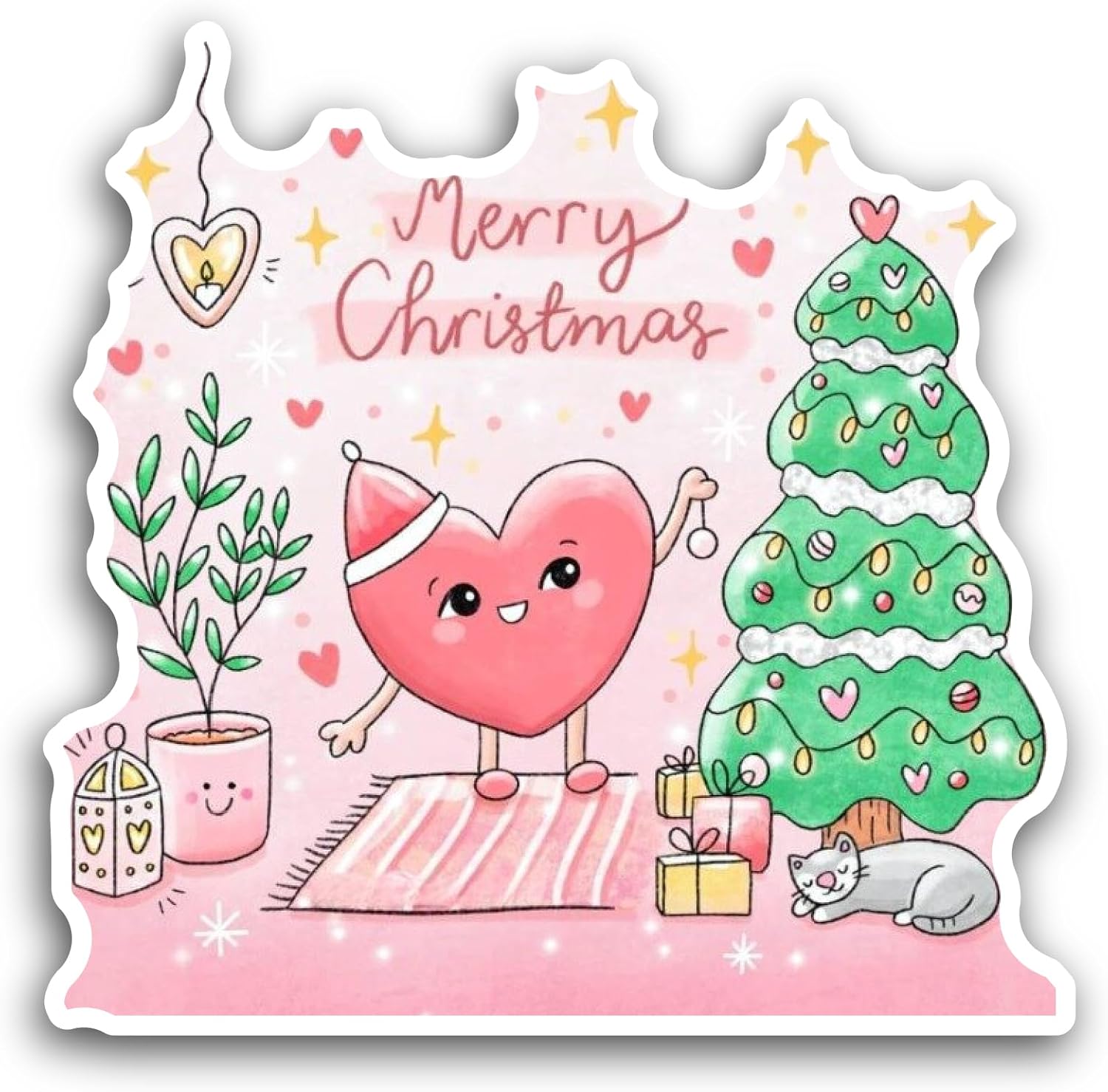 2 (Pieces) 3" and 5" Red Heart with Christmas Tree Sticker, Waterproof Vinyl Decals for Many Purpose Like Cars, Trucks, Laptops, Phones, Windows and More