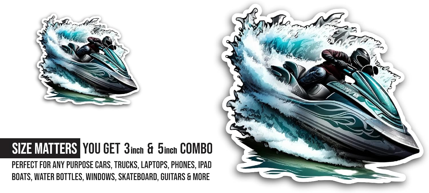 2 (Pieces) 3" and 5" Jet Boat Sticker, Waterproof Vinyl Decals for Many Purpose Like Cars, Trucks, Laptops, Phones, Windows and More