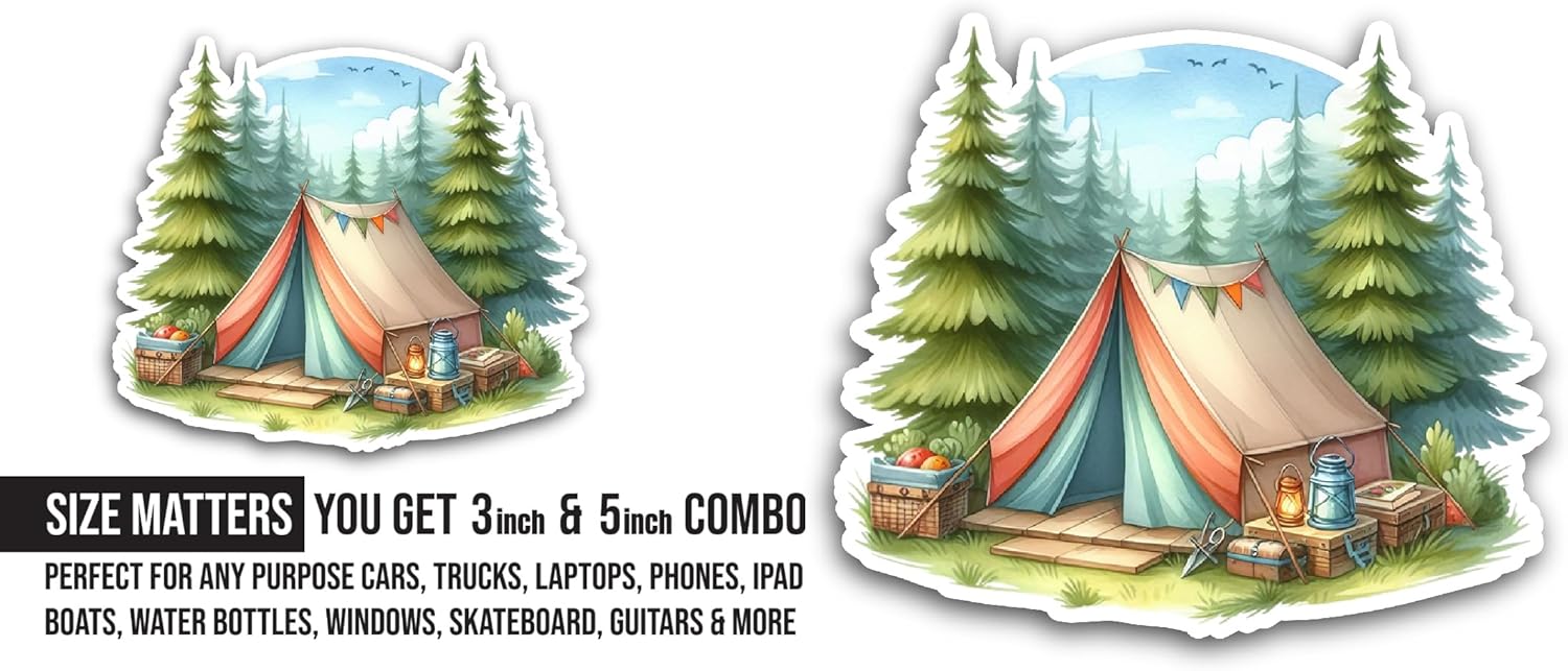 2 (Pieces) 3" and 5" Camping Tent Sticker, Waterproof Vinyl Decals for Many Purpose Like Cars, Trucks, Laptops, Phones, Windows and More