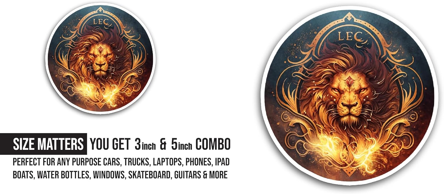 2 (Pieces) 3" and 5" Lion with Fire Sticker, Waterproof Vinyl Decals for Many Purpose Like Cars, Trucks, Laptops, Phones, Windows and More