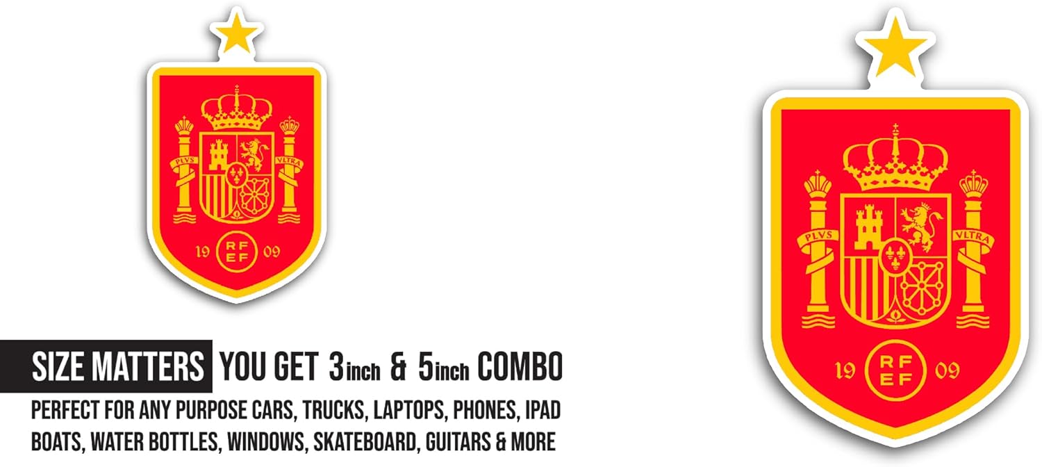 2 (Pieces) 3" and 5" Spain Nati0nal F00tball Team Sticker, Waterproof Vinyl Decals for Many Purpose Like Cars, Trucks, Laptops, Phones, Windows and More
