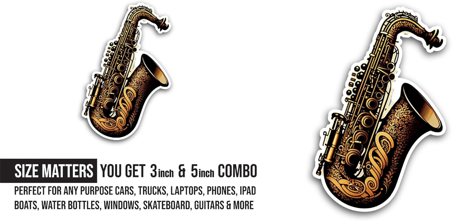 2 (Pieces) 3" and 5" Saxophone Sticker, Waterproof Vinyl Decals for Many Purpose Like Cars, Trucks, Laptops, Phones, Windows and More