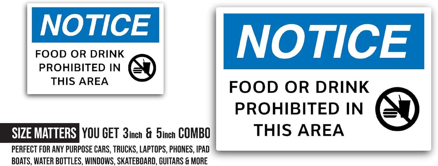 2 (Pieces) 3" and 5" Food Or Drink Prohibited Sticker, Waterproof Vinyl Decals for Many Purpose Like Cars, Trucks, Laptops, Phones, Windows and More