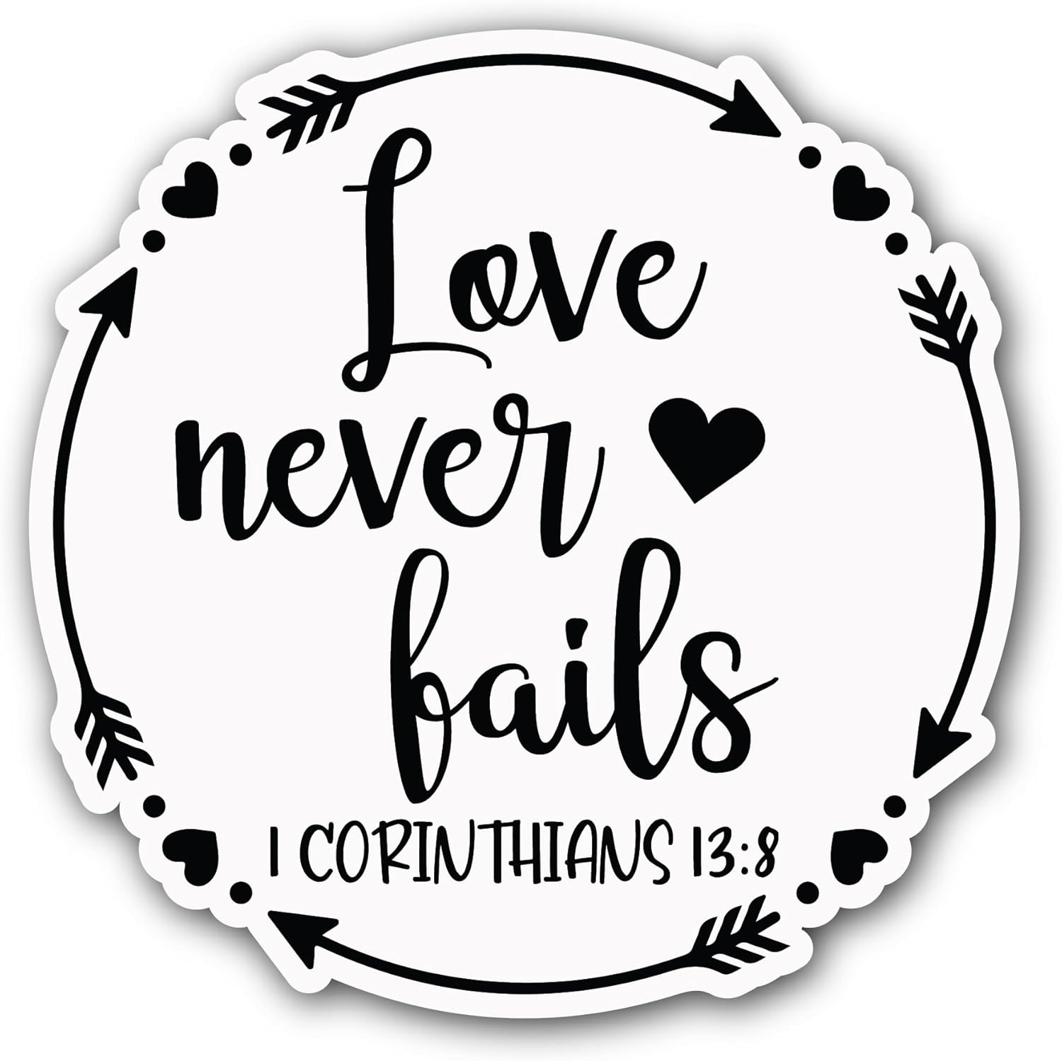 2 (Pieces) 3" and 5" Love Never Fails Sticker, Waterproof Vinyl Decals for Many Purpose Like Cars, Trucks, Laptops, Phones, Windows and More