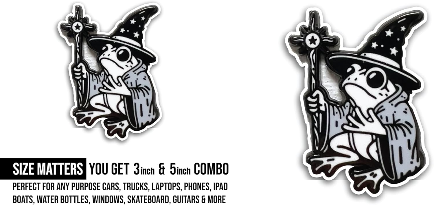 2 (Pieces) 3" and 5" Frog Wearing Witch Hat Sticker, Waterproof Vinyl Decals for Many Purpose Like Cars, Trucks, Laptops, Phones, Windows and More