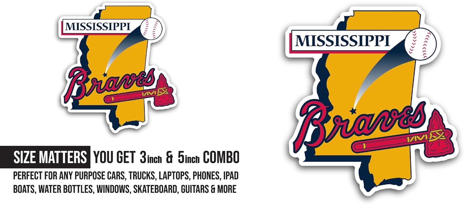2 (Pieces) 3" and 5" M1ssissippi Braves Sticker, Waterproof Vinyl Decals for Many Purpose Like Cars, Trucks, Laptops, Phones, Windows and More