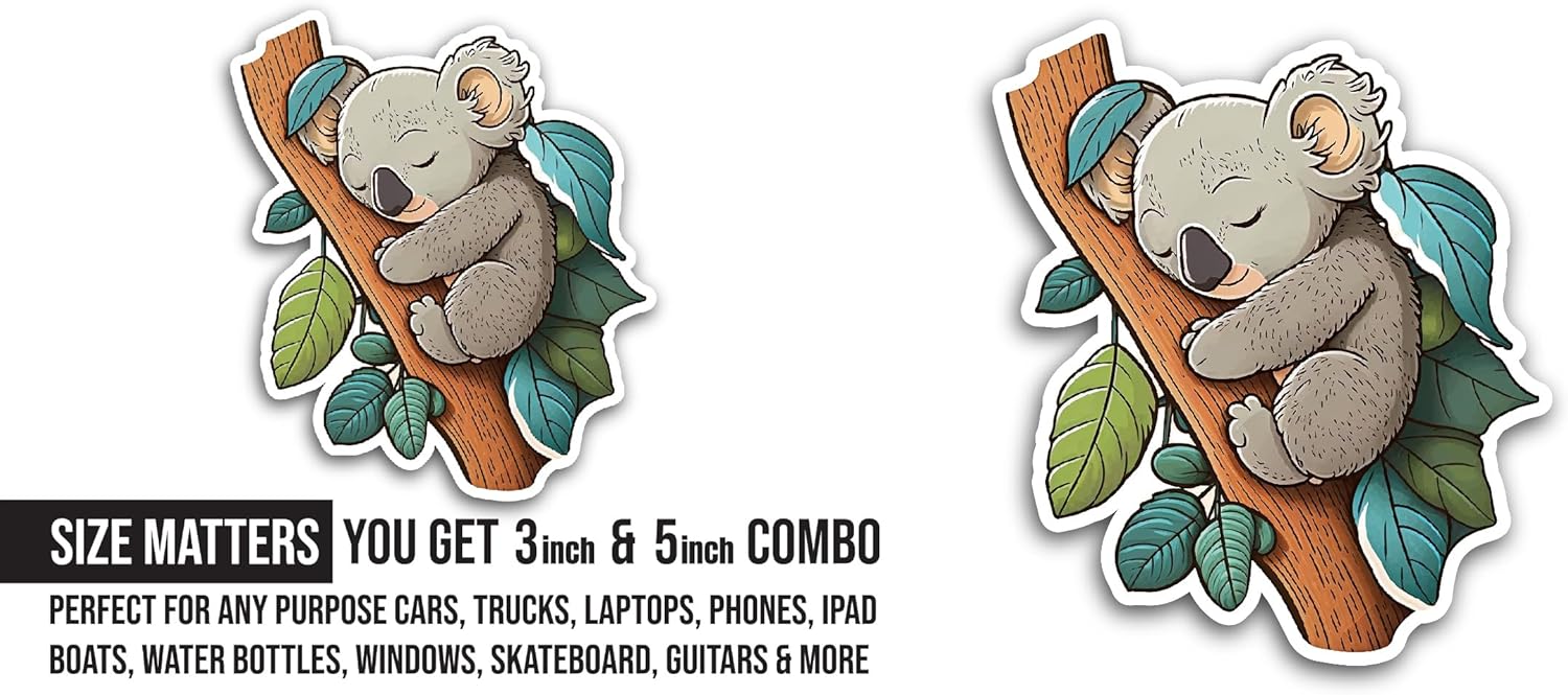 2 (Pieces) 3" and 5" Cute Koala Sticker, Waterproof Vinyl Decals for Many Purpose Like Cars, Trucks, Laptops, Phones, Windows and More