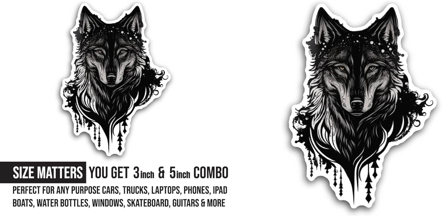 2 (Pieces) 3" and 5" Black and White Wolf Sticker, Waterproof Vinyl Decals for Many Purpose Like Cars, Trucks, Laptops, Phones, Windows and More