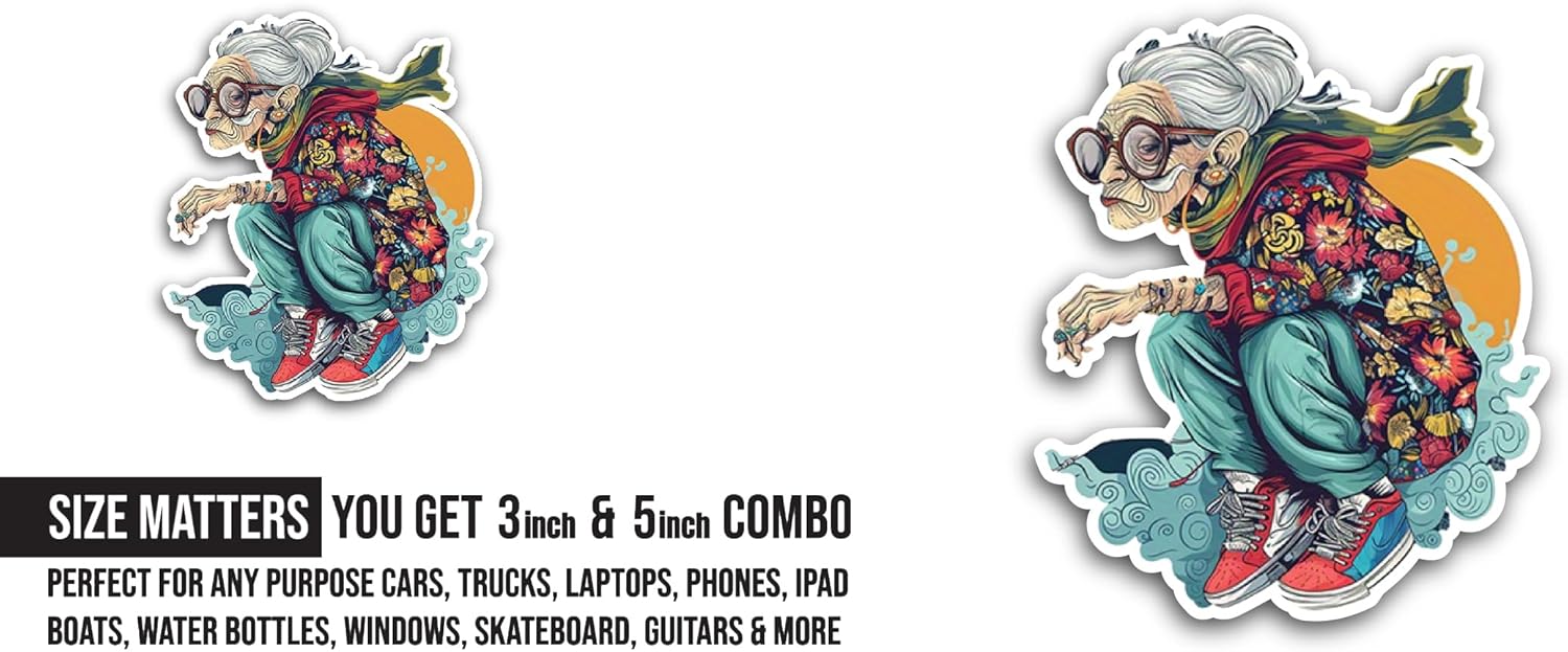 2 (Pieces) 3" and 5" Old Woman Sticker, Waterproof Vinyl Decals for Many Purpose Like Cars, Trucks, Laptops, Phones, Windows and More