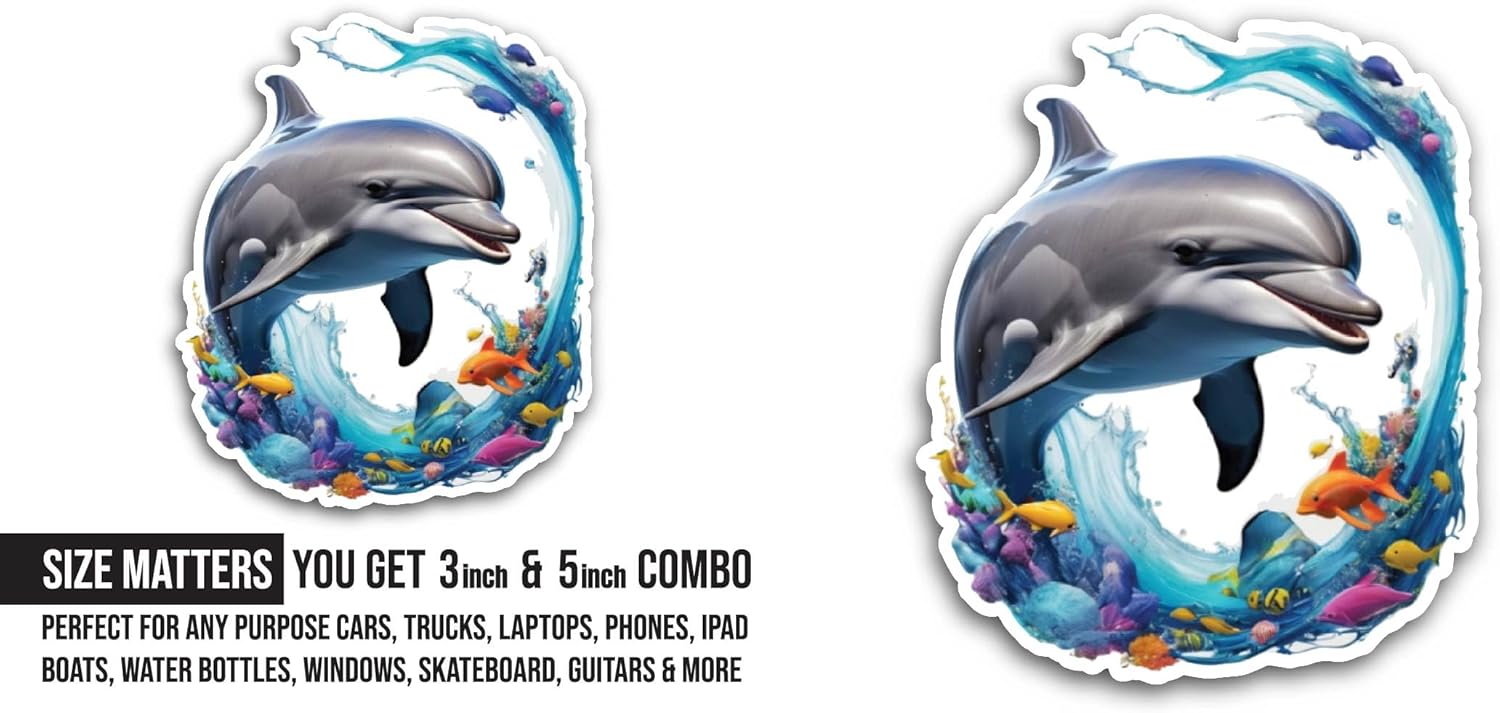 2 (Pieces) 3" and 5" Jumping Dolphin Sticker, Waterproof Vinyl Decals for Many Purpose Like Cars, Trucks, Laptops, Phones, Windows and More