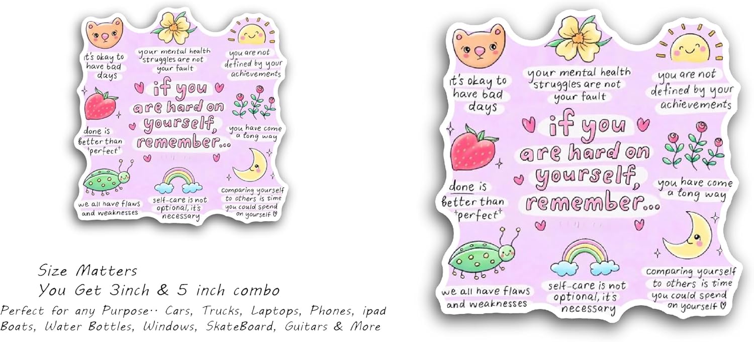 2 (Pieces) 3" and 5" Selfcare Texts with Hand Drawn Arts Sticker, Waterproof Vinyl Decals for Many Purpose Like Cars, Trucks, Laptops, Phones, Windows and More