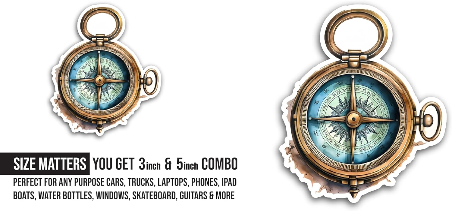 2 (Pieces) 3" and 5" Vintage Compass Art Sticker, Waterproof Vinyl Decals for Many Purpose Like Cars, Trucks, Laptops, Phones, Windows and More
