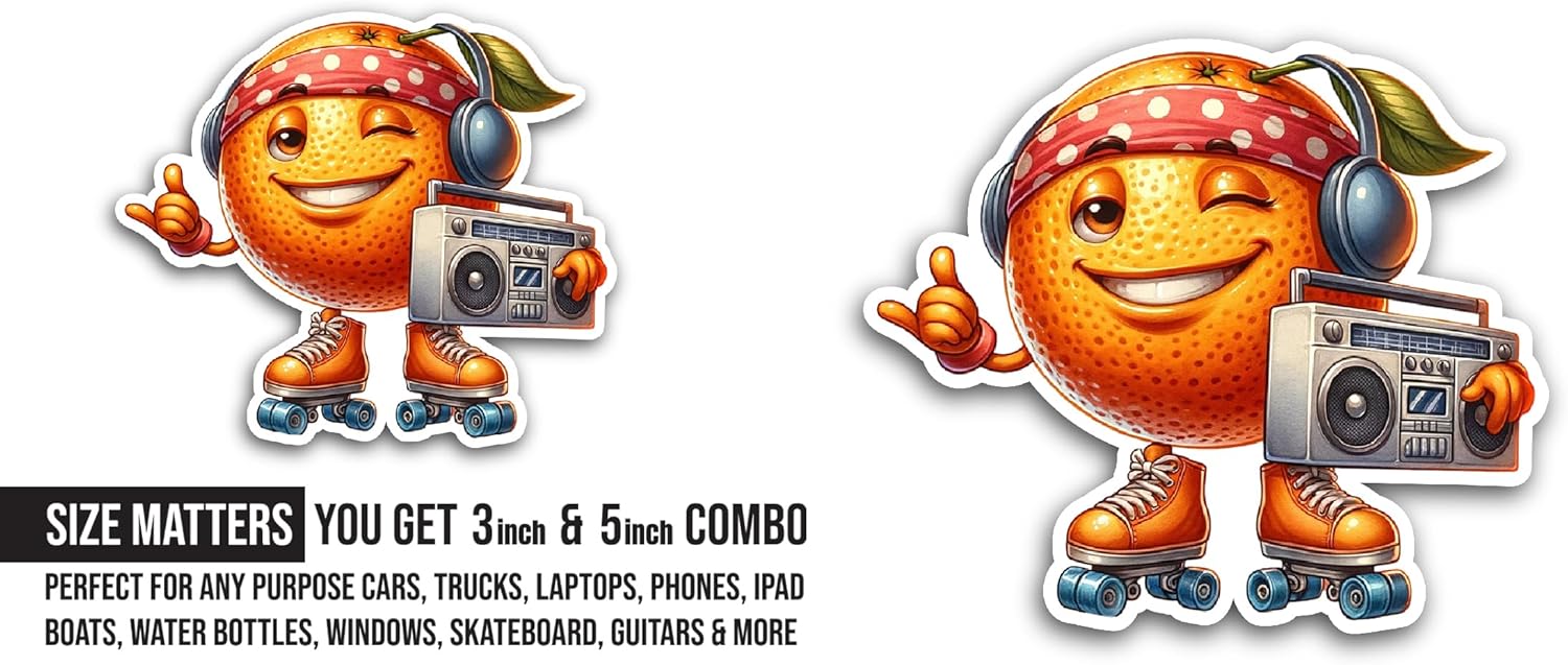 2 (Pieces) 3" and 5" Cartoon Orange Listening Music Sticker, Waterproof Vinyl Decals for Many Purpose Like Cars, Trucks, Laptops, Phones, Windows and More