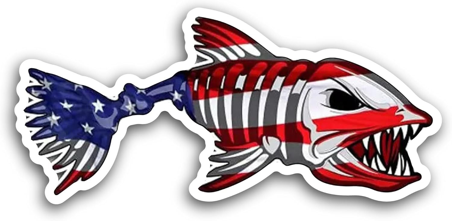 2 (Pieces) 3" and 5" Angry Fish in American Flag Decal Sticker, Waterproof Vinyl Decals for Many Purpose Like Cars, Trucks, Laptops, Phones, Windows and More
