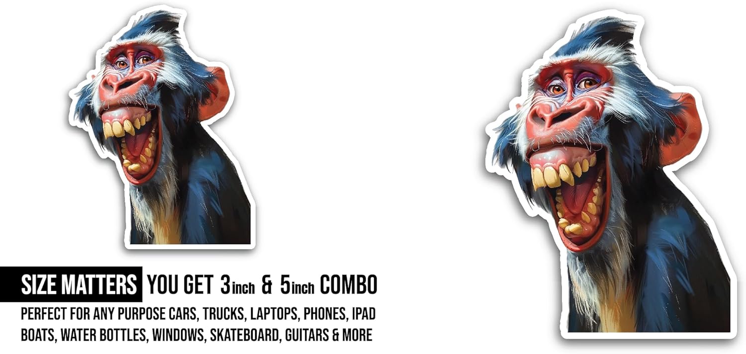 2 (Pieces) 3" and 5" Cartoon Baboon Sticker, Waterproof Vinyl Decals for Many Purpose Like Cars, Trucks, Laptops, Phones, Windows and More