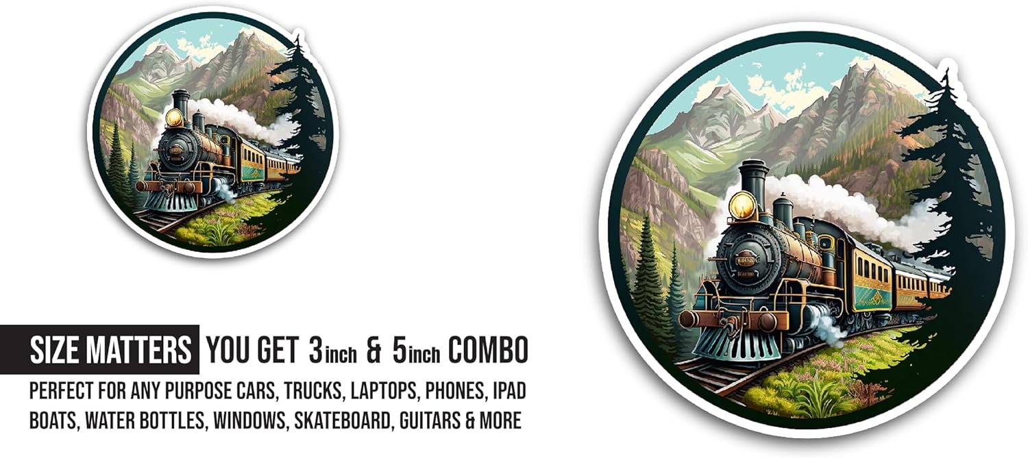 2 (Pieces) 3" and 5" Train with Smoke Sticker, Waterproof Vinyl Decals for Many Purpose Like Cars, Trucks, Laptops, Phones, Windows and More