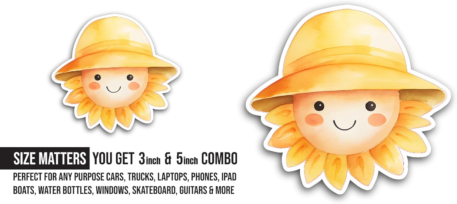 2 (Pieces) 3" and 5" Sun with Hat Sticker, Waterproof Vinyl Decals for Many Purpose Like Cars, Trucks, Laptops, Phones, Windows and More