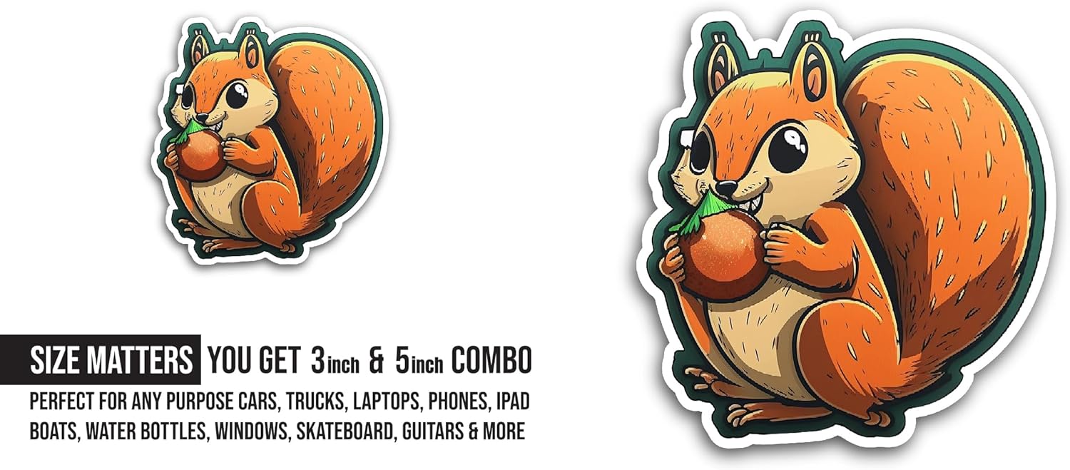 2 (Pieces) 3" and 5" Cartoon Squirrel Sticker, Waterproof Vinyl Decals for Many Purpose Like Cars, Trucks, Laptops, Phones, Windows and More