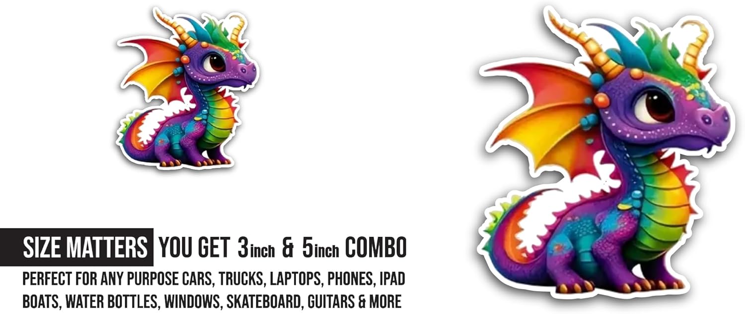 2 (Pieces) 3" and 5" Rainbow Cartoon Dragon Sticker, Waterproof Vinyl Decals for Many Purpose Like Cars, Trucks, Laptops, Phones, Windows and More