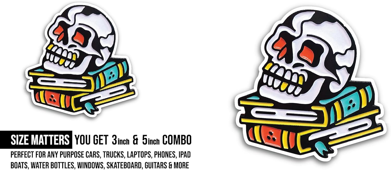 2 (Pieces) 3" and 5" Skull On Book Sticker, Waterproof Vinyl Decals for Many Purpose Like Cars, Trucks, Laptops, Phones, Windows and More