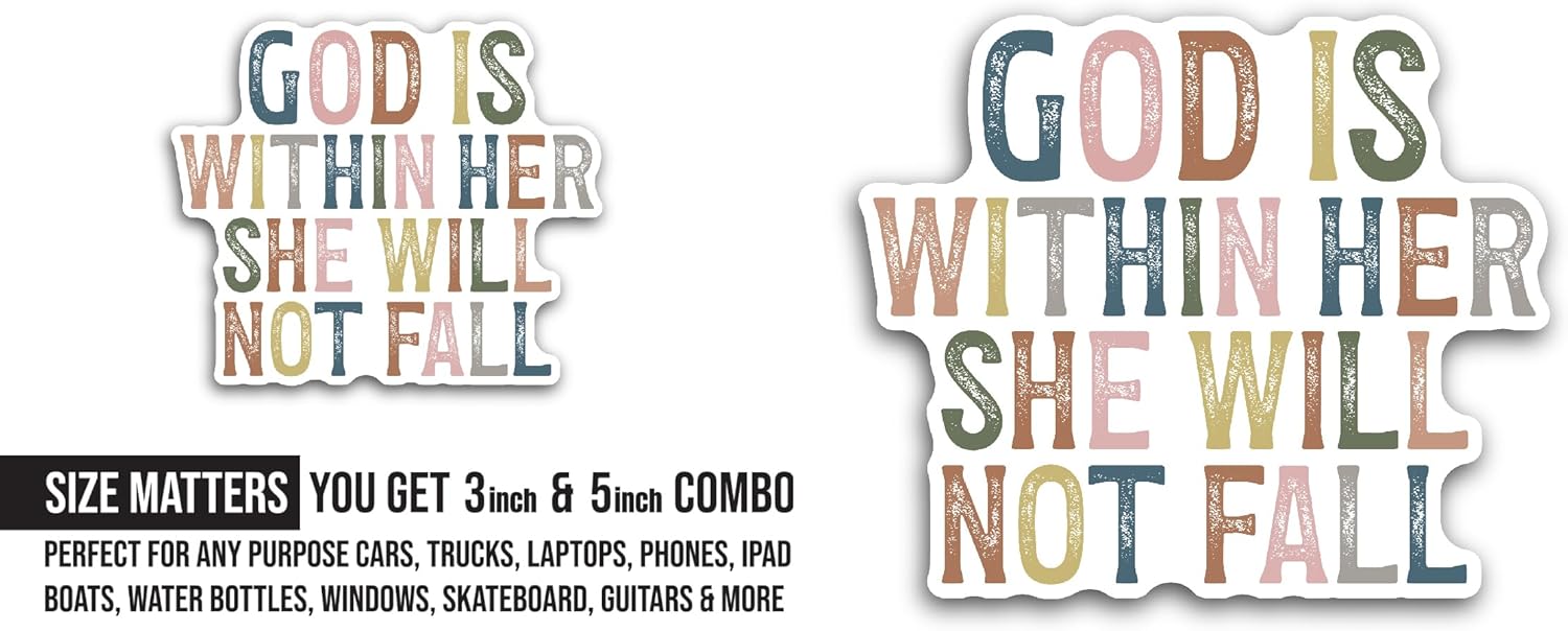 2 (Pieces) 3" and 5" God is Within Her She Will Not Fall Sticker, Waterproof Vinyl Decals for Many Purpose Like Cars, Trucks, Laptops, Phones, Windows and More