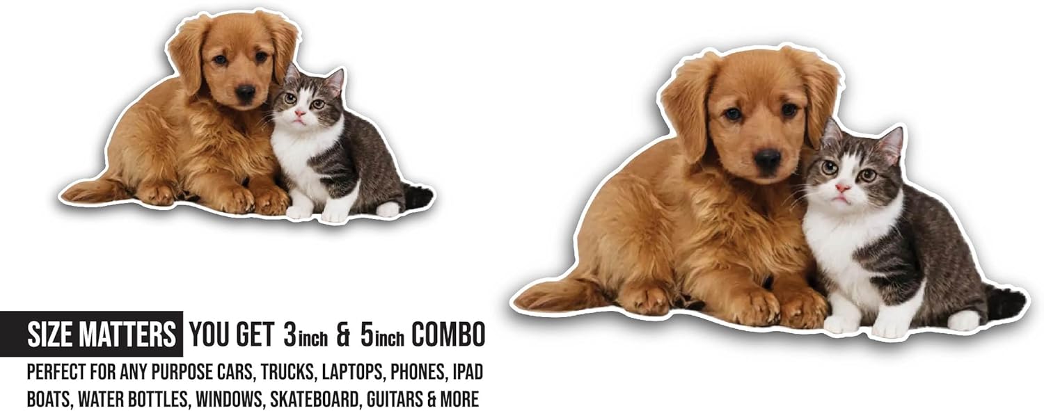 2 (Pieces) 3" and 5" Cat and Dog Sticker, Waterproof Vinyl Decals for Many Purpose Like Cars, Trucks, Laptops, Phones, Windows and More