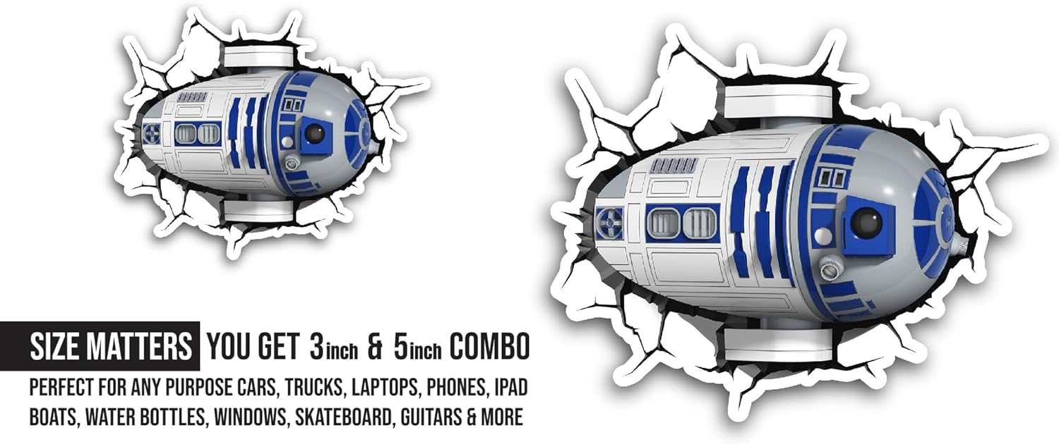 2 (Pieces) 3" and 5" Blue and White Robot Sticker, Waterproof Vinyl Decals for Many Purpose Like Cars, Trucks, Laptops, Phones, Windows and More
