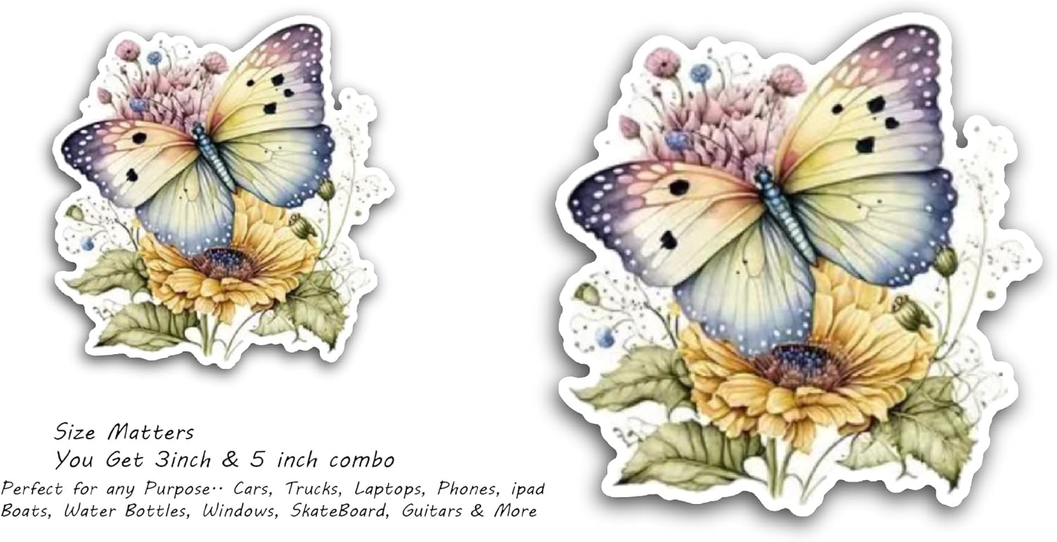 2 (Pieces) 3" and 5" Butterfly On A Sunflower Sticker, Waterproof Vinyl Decals for Many Purpose Like Cars, Trucks, Laptops, Phones, Windows and More