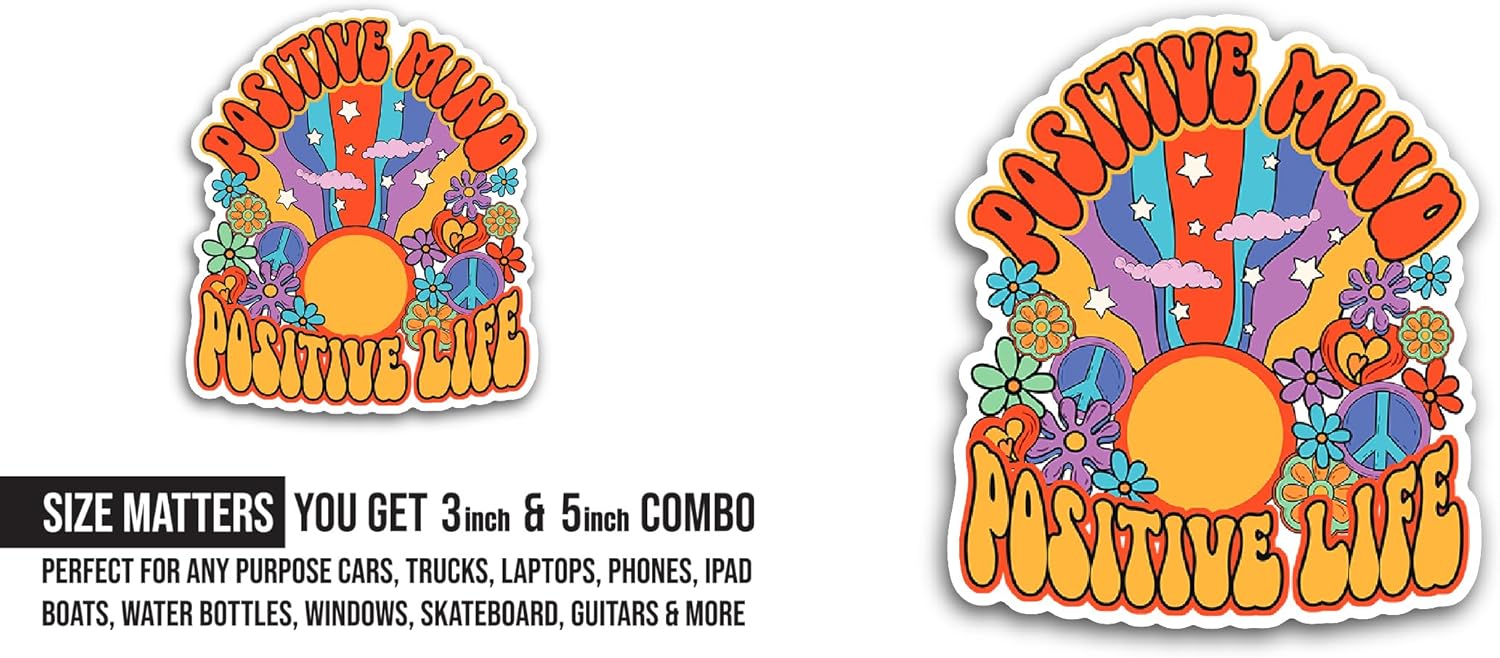 2 (Pieces) 3" and 5" Positive Mind Positive Life Sticker, Waterproof Vinyl Decals for Many Purpose Like Cars, Trucks, Laptops, Phones, Windows and More