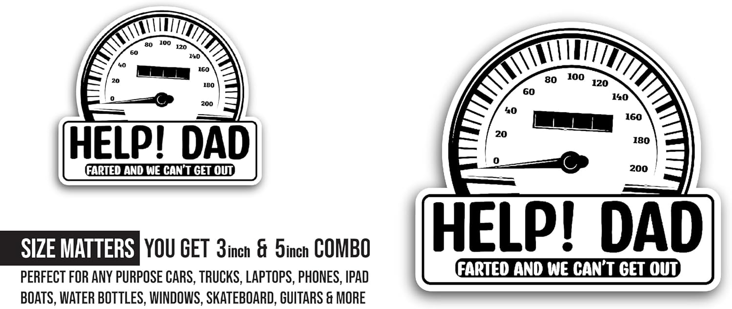 2 (Pieces) 3" and 5" Help Dad Sticker, Waterproof Vinyl Decals for Many Purpose Like Cars, Trucks, Laptops, Phones, Windows and More