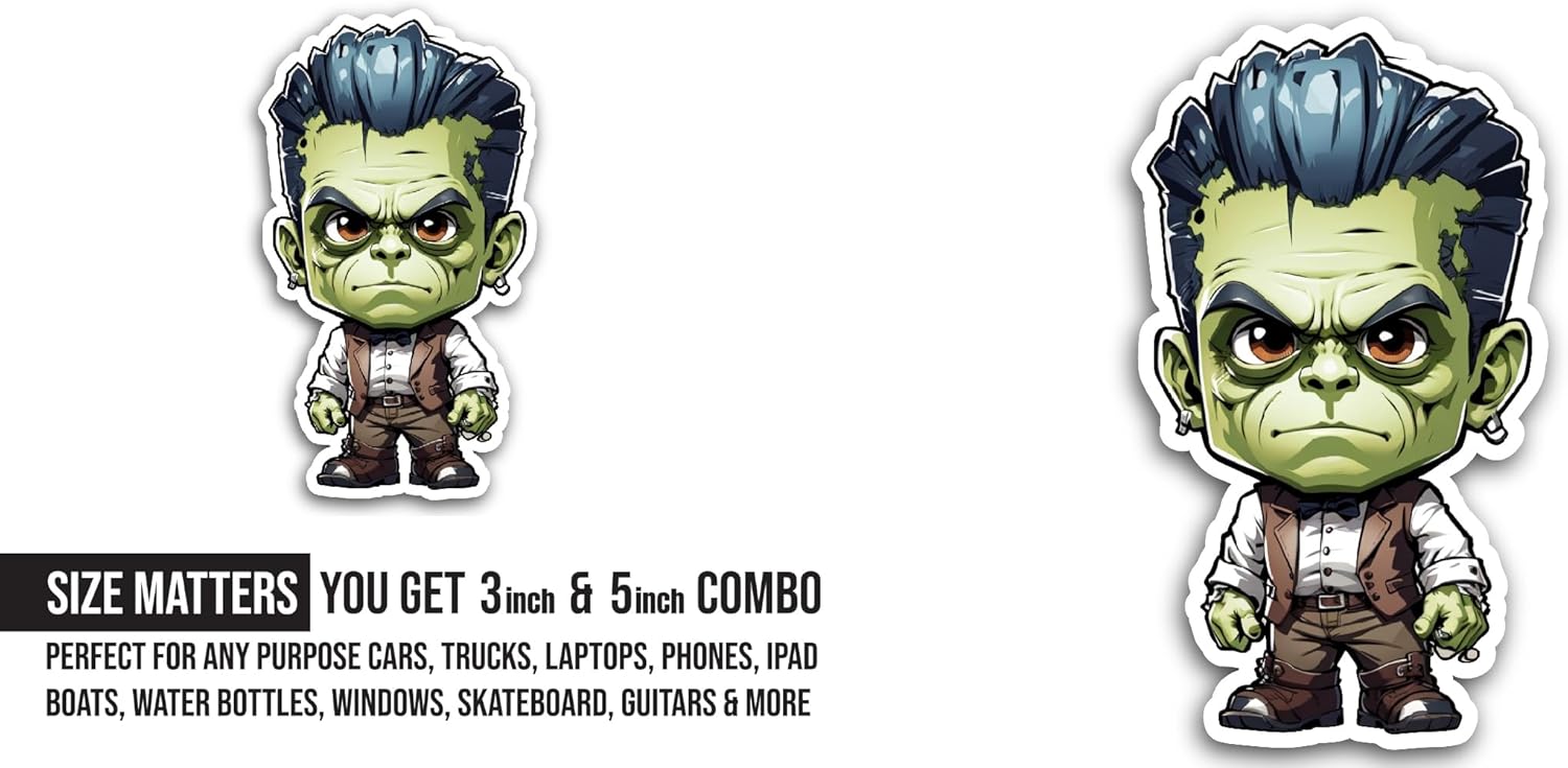 2 (Pieces) 3" and 5" Cartoon Green Zombie Sticker, Waterproof Vinyl Decals for Many Purpose Like Cars, Trucks, Laptops, Phones, Windows and More