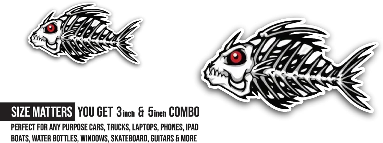 2 (Pieces) 3" and 5" Fish Bone Sticker, Waterproof Vinyl Decals for Many Purpose Like Cars, Trucks, Laptops, Phones, Windows and More