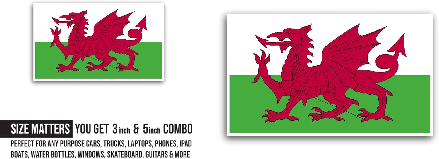 2 (Pieces) 3" and 5" Wales Flag Sticker, Waterproof Vinyl Decals for Many Purpose Like Cars, Trucks, Laptops, Phones, Windows and More