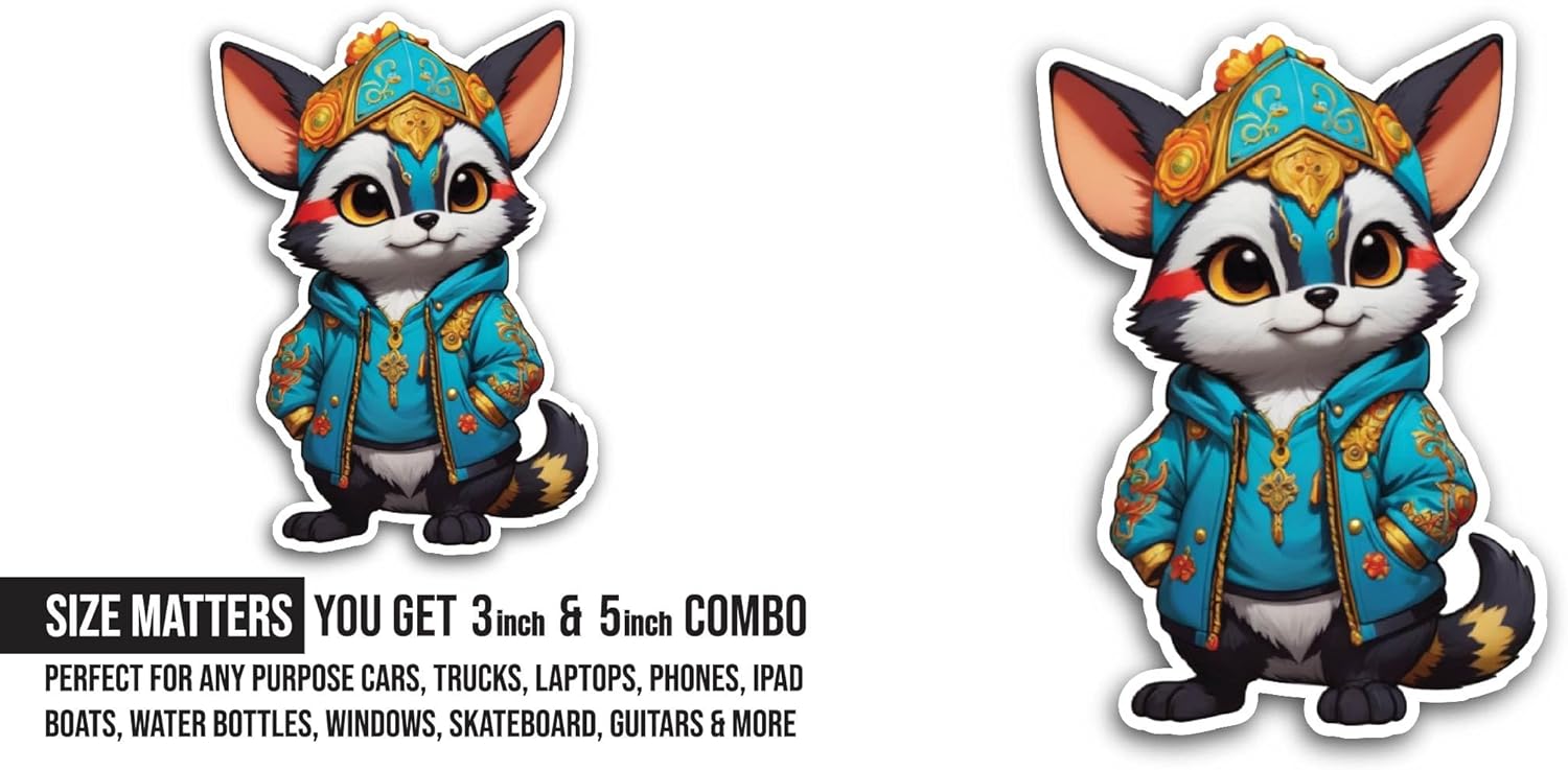 2 (Pieces) 3" and 5" Cute Cartoon Cat Sticker, Waterproof Vinyl Decals for Many Purpose Like Cars, Trucks, Laptops, Phones, Windows and More
