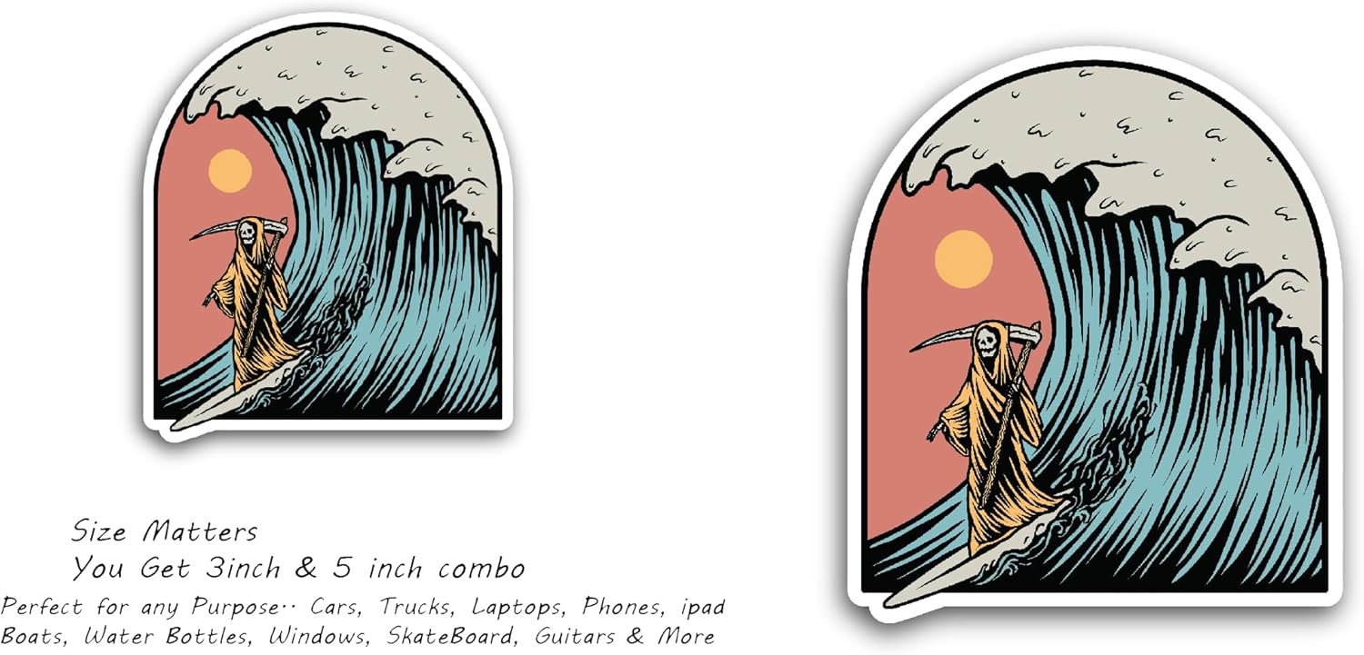 2 (Pieces) 3" and 5" Grim Reaper Surfing Sticker, Waterproof Vinyl Decals for Many Purpose Like Cars, Trucks, Laptops, Phones, Windows and More