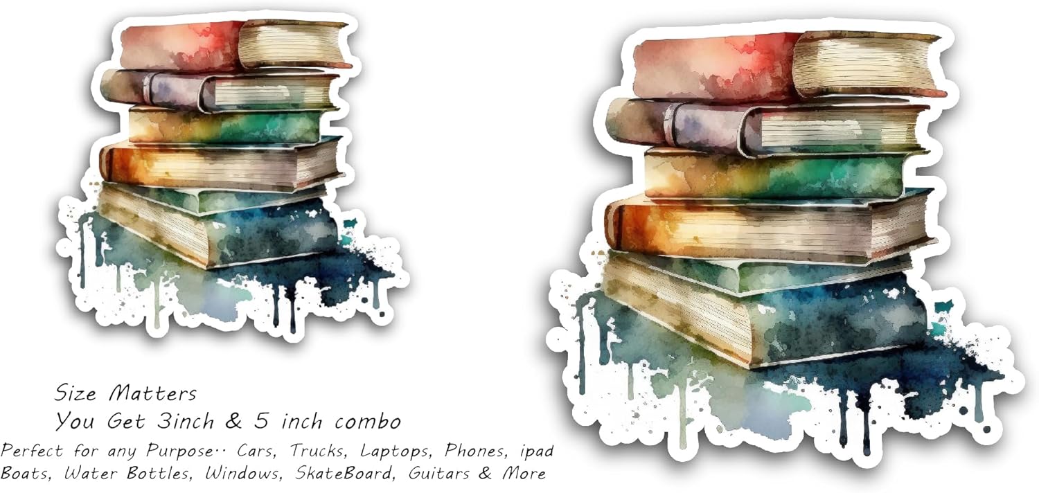 2 (Pieces) 3" and 5" Watercolor Pile of Books Sticker, Waterproof Vinyl Decals for Many Purpose Like Cars, Trucks, Laptops, Phones, Windows and More
