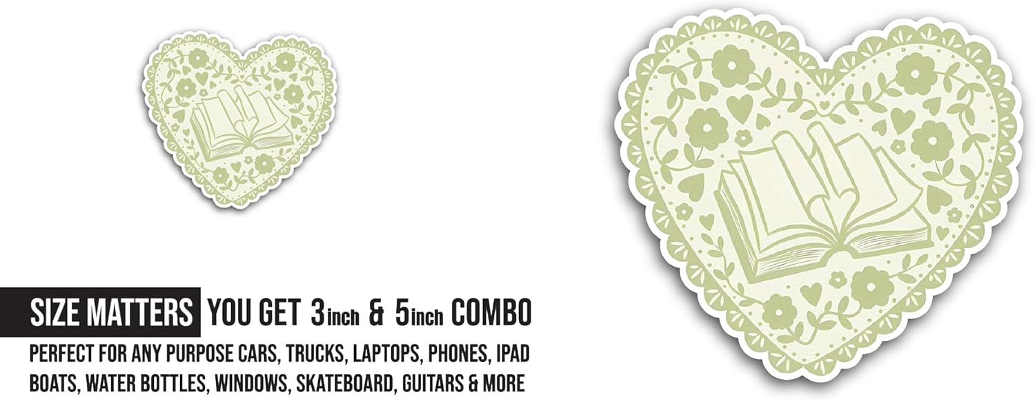 2 (Pieces) 3" and 5" Green Bookish Heart Sticker, Waterproof Vinyl Decals for Many Purpose Like Cars, Trucks, Laptops, Phones, Windows and More