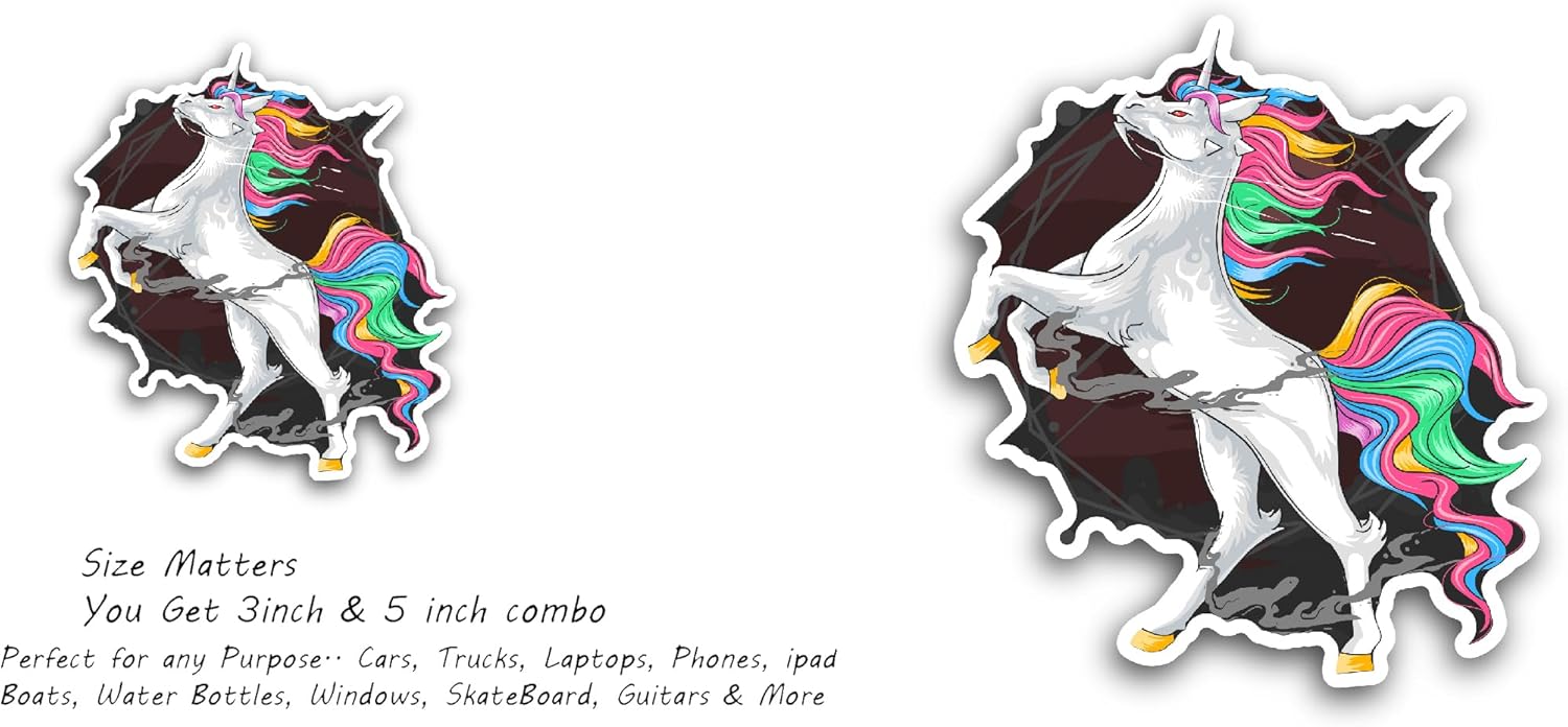 2 (Pieces) 3" and 5" Colorful Unicorn Sticker, Waterproof Vinyl Decals for Many Purpose Like Cars, Trucks, Laptops, Phones, Windows and More