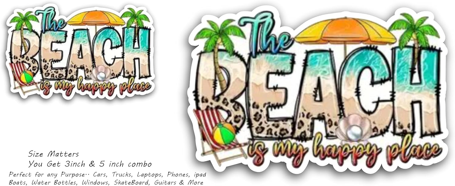 2 (Pieces) 3" and 5" Beach is My Happy Place Message Sticker Decal Sticker, Waterproof Vinyl Decals for Many Purpose Like Cars, Trucks, Laptops, Phones, Windows and More