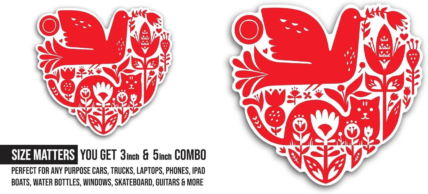 2 (Pieces) 3" and 5" Floral Element in Form of Heart Sticker, Waterproof Vinyl Decals for Many Purpose Like Cars, Trucks, Laptops, Phones, Windows and More