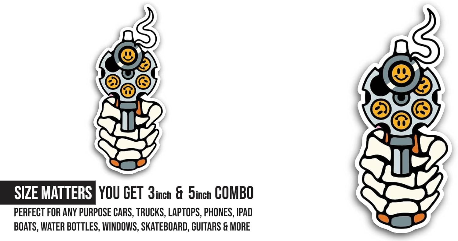 2 (Pieces) 3" and 5" Skull Hand Holding Gun Sticker, Waterproof Vinyl Decals for Many Purpose Like Cars, Trucks, Laptops, Phones, Windows and More