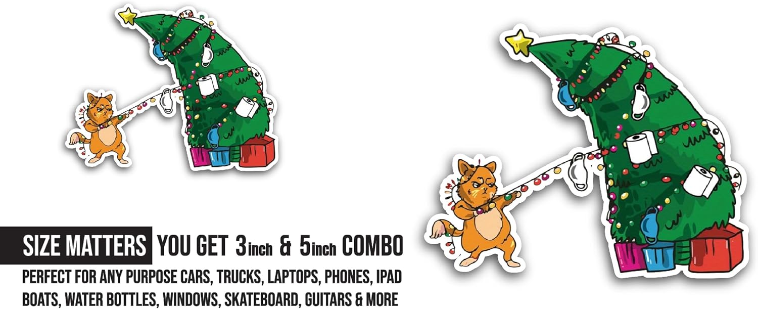 2 (Pieces) 3" and 5" Funny Christmas Cat Sticker, Waterproof Vinyl Decals for Many Purpose Like Cars, Trucks, Laptops, Phones, Windows and More
