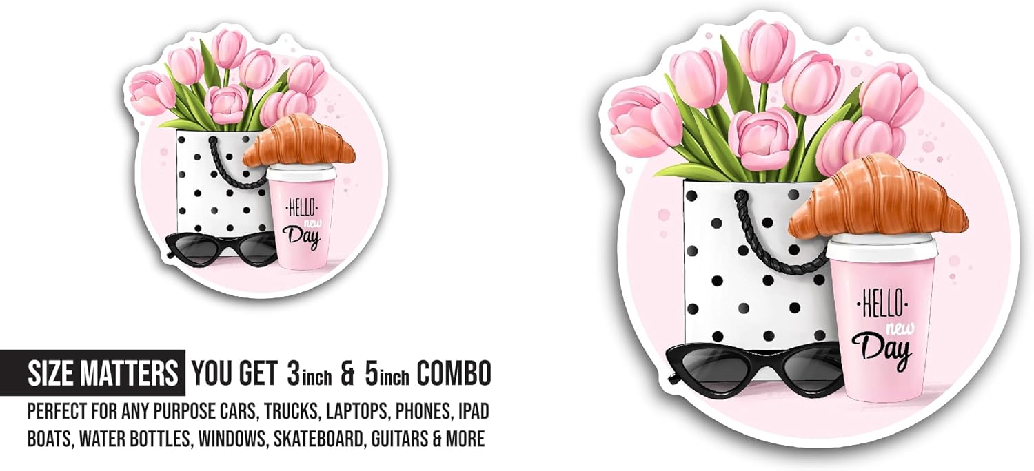 2 (Pieces) 3" and 5" Hello Day Sticker, Waterproof Vinyl Decals for Many Purpose Like Cars, Trucks, Laptops, Phones, Windows and More