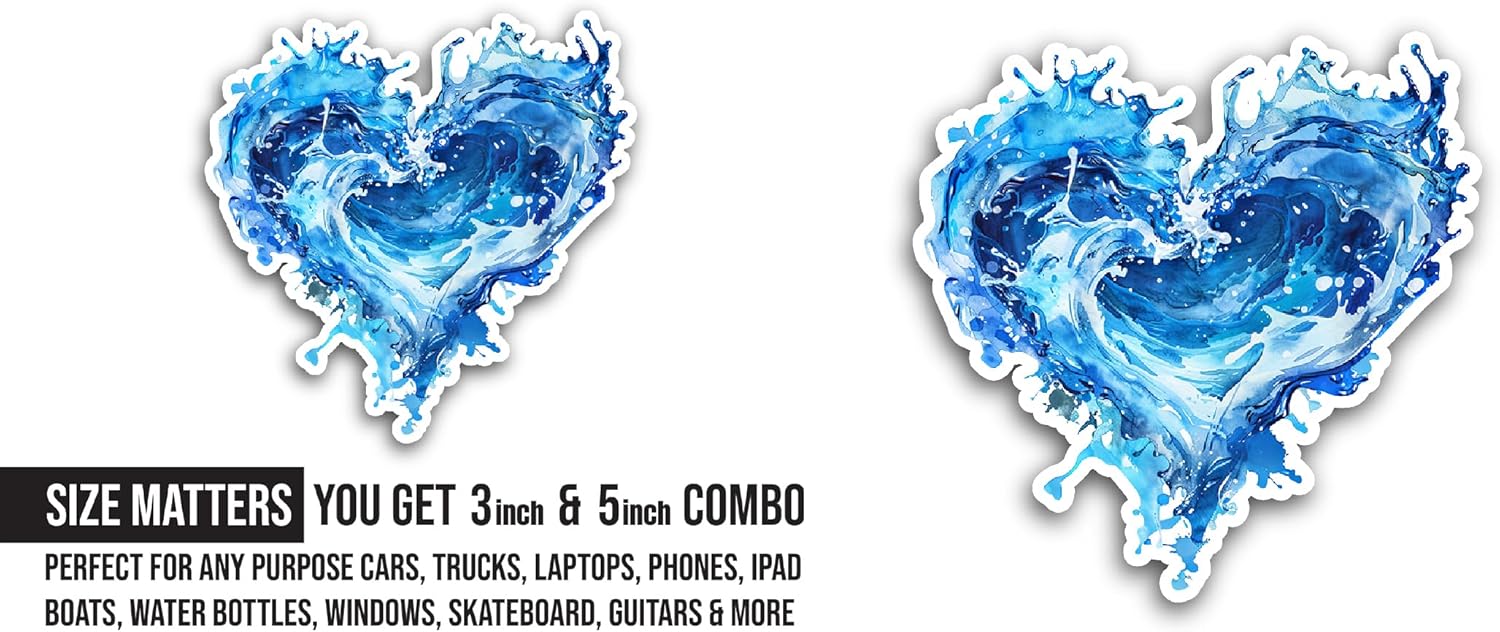 2 (Pieces) 3" and 5" Blue Water Heart Sticker, Waterproof Vinyl Decals for Many Purpose Like Cars, Trucks, Laptops, Phones, Windows and More