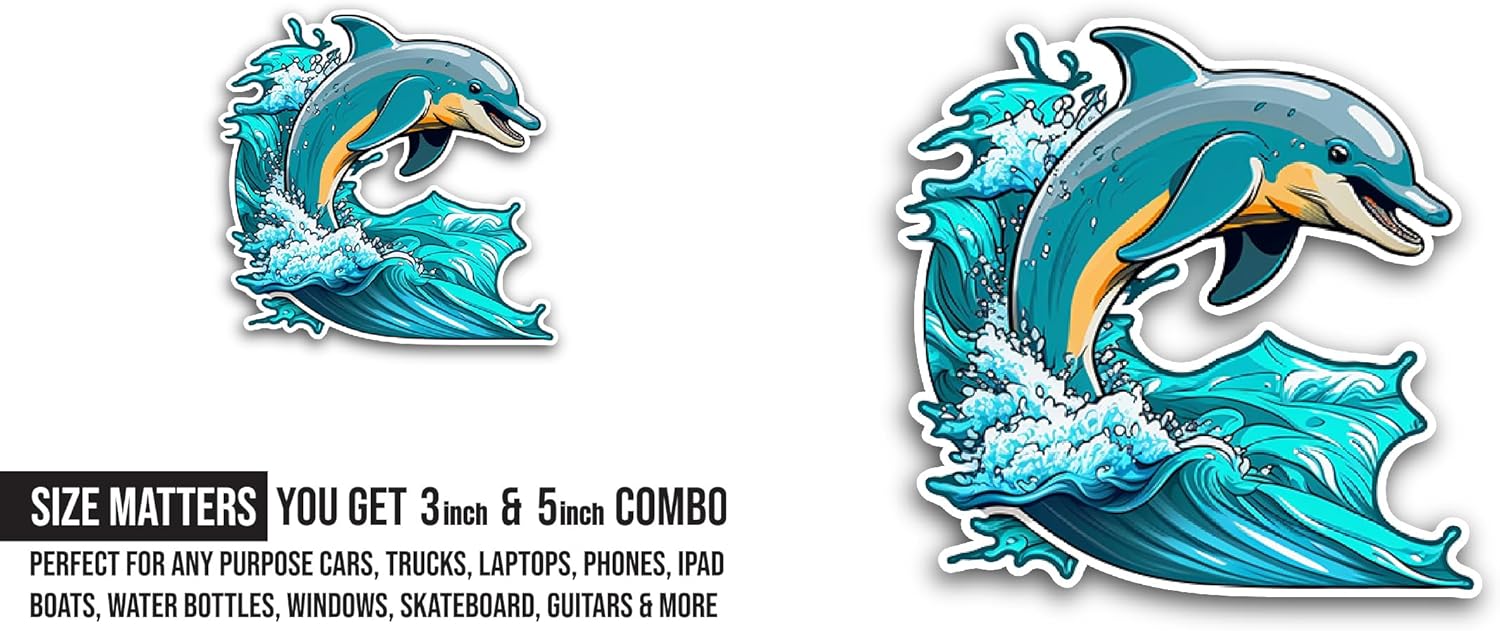 2 (Pieces) 3" and 5" Dolphin Sticker, Waterproof Vinyl Decals for Many Purpose Like Cars, Trucks, Laptops, Phones, Windows and More