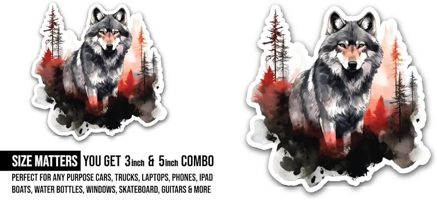 2 (Pieces) 3" and 5" Wolf Sticker, Waterproof Vinyl Decals for Many Purpose Like Cars, Trucks, Laptops, Phones, Windows and More