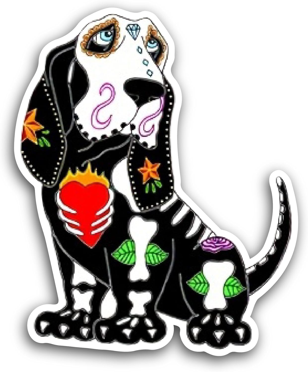 2 (Pieces) 3" and 5" Basset Hound Sugar Skull Sticker, Waterproof Vinyl Decals for Many Purpose Like Cars, Trucks, Laptops, Phones, Windows and More