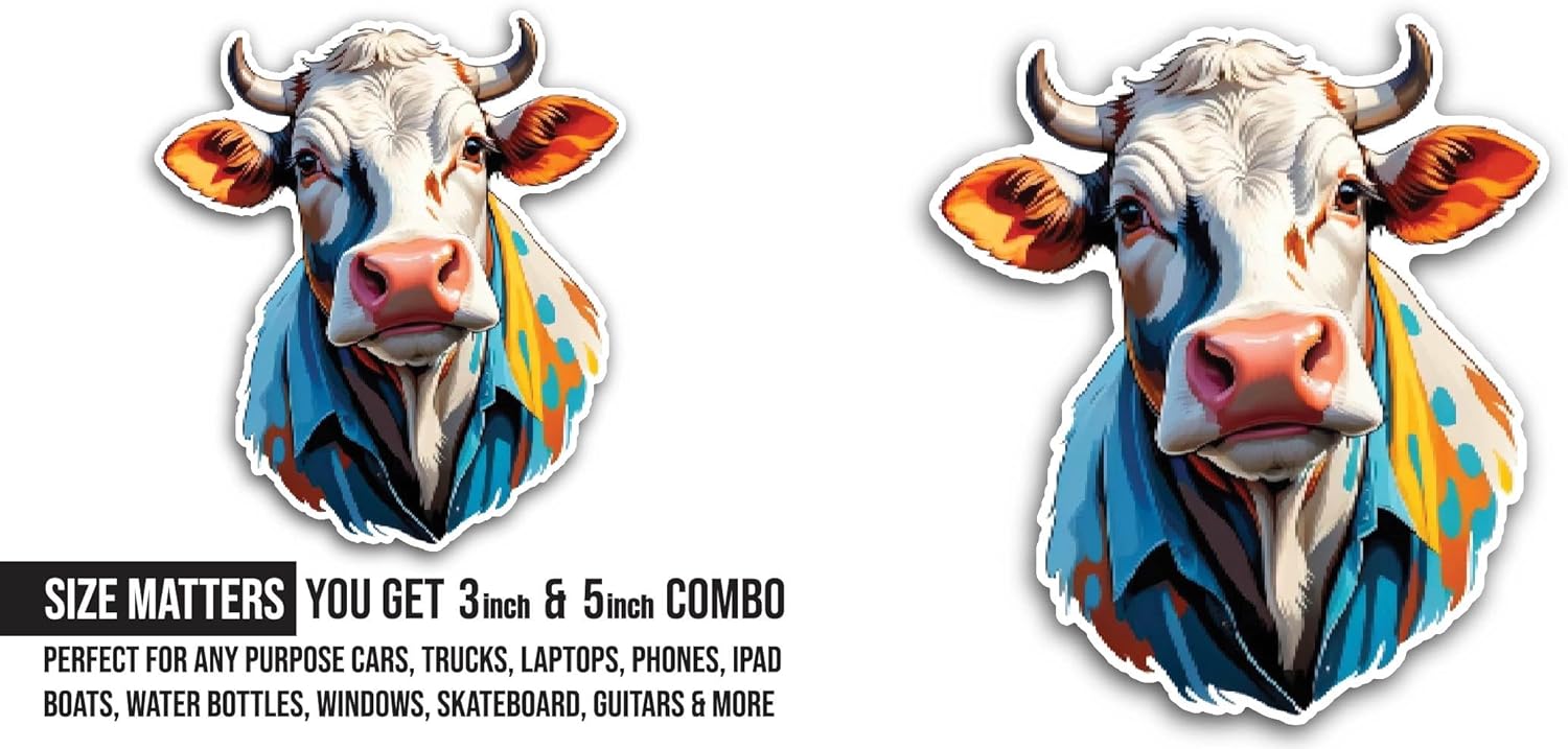 2 (Pieces) 3" and 5" Colorful Cow Sticker, Waterproof Vinyl Decals for Many Purpose Like Cars, Trucks, Laptops, Phones, Windows and More