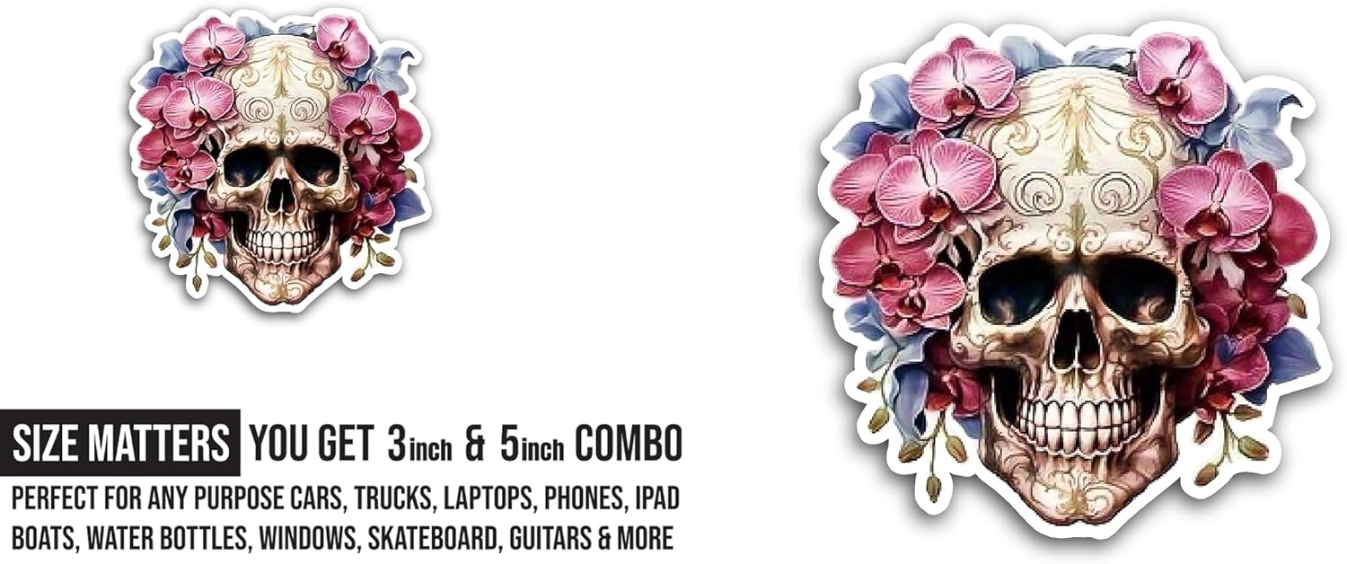 2 (Pieces) 3" and 5" A Skull with Flowers On It Sticker, Waterproof Vinyl Decals for Many Purpose Like Cars, Trucks, Laptops, Phones, Windows and More